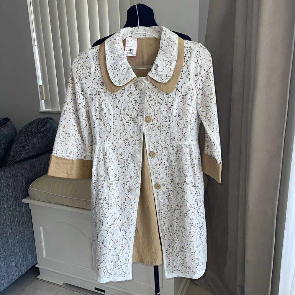 Anthropologie Ryu White Lace Sheer Button Front Jacket Coat Boho Romantic S
